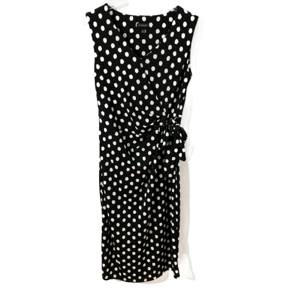 Talbots Polka Dot Sleeveless Gathered Waist with Tie Faux Wrap Style Dress 🖤🤍
